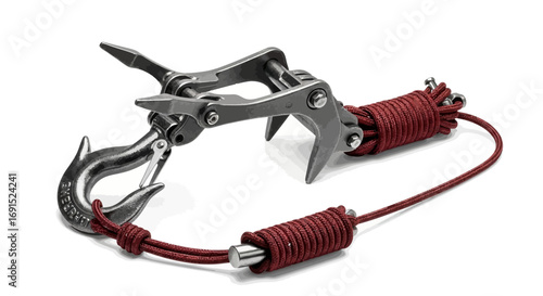 Detailed Studio Shot A Rugged, Heavy-Duty Grappling Hook with a Red Cord