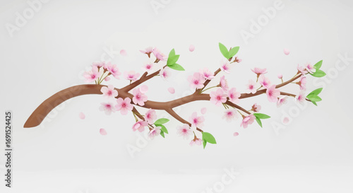 Stylized Illustration of a Blooming Cherry Blossom Branch Isolated on a Clean White Background