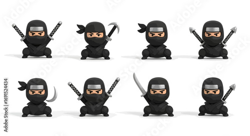 Cute Ninja Character Set with Various Poses, Ready for Action on White Background