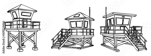 Beach Rescue Lineart Vektorgrafik Strandwache Turm Sammlung Küste Architektur Design