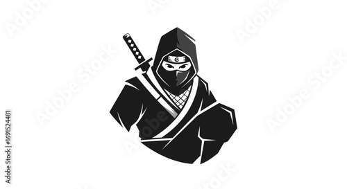 Covert ninja warrior character mascot with a hidden face and sword, a powerful symbol of stealth and Japanese martial arts