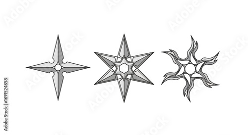A set of monochrome ninja shuriken illustrations showing various designs. Traditional Japanese throwing star weapon icons for martial arts concepts