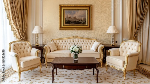 A luxurious living room featuring elegant furniture, soft colors, and tasteful decor, creating a warm and inviting atmosphere.