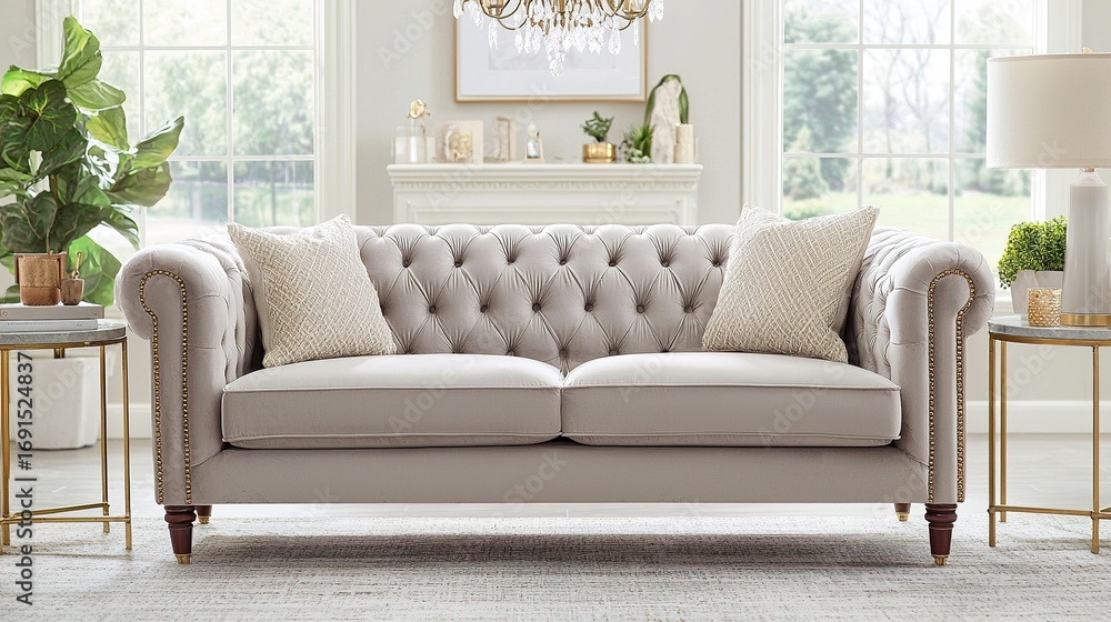 Fototapeta premium A stylish, tufted beige sofa with decorative pillows, set in a bright, elegant living room with green plants and a cozy atmosphere.