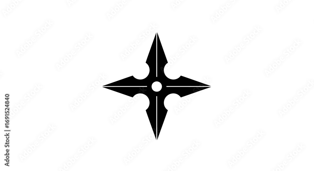Obraz premium Minimalist black silhouette of a traditional four-pointed shuriken, a Japanese throwing star weapon for martial arts