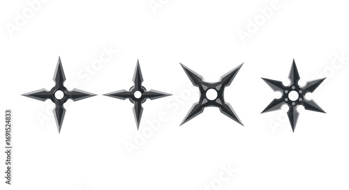 Set of four realistic metallic shuriken throwing stars, ancient ninja weaponry illustration isolated on white background