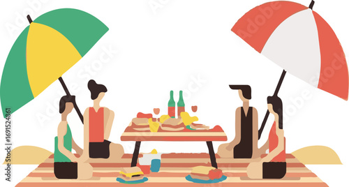 Flat Style Family Enjoying Summer Picnic Under Umbrella on the Beach Illustration