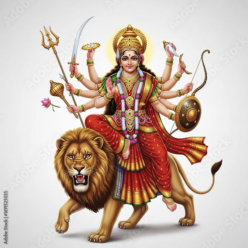 Durga Maa riding lion in warrior pose on plain white background