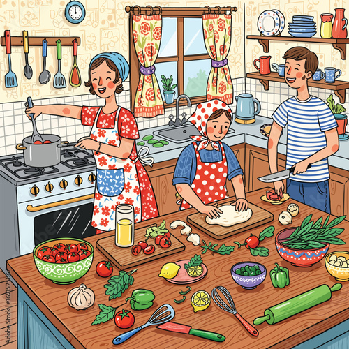 A happy illustrated family of three cooking a meal together in a vibrant and cozy kitchen.