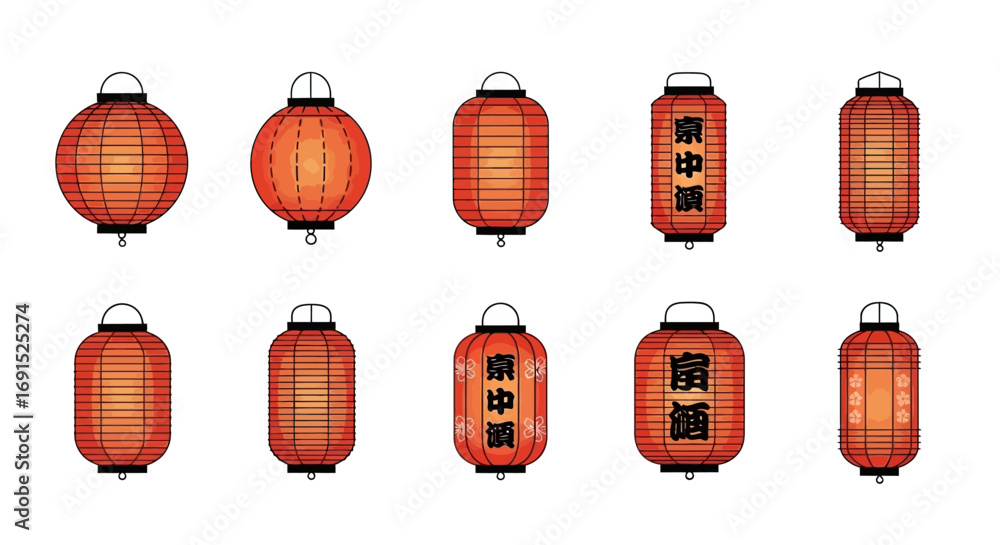 Fototapeta premium A vibrant collection of traditional red Japanese paper lanterns, chochin illustrations for Asian festivals and cultural celebrations