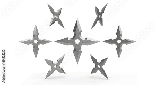 Collection of Eight Realistic 3D Rendered Shurikens, Ninja Throwing Stars