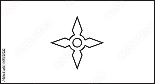 Vector icon illustration of a Japanese shuriken. A simple black and white line drawing of a ninja's four-pointed throwing star weapon