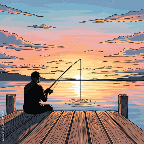 A lone fishermans silhouette on a wooden dock during a serene and colorful sunset illustration.