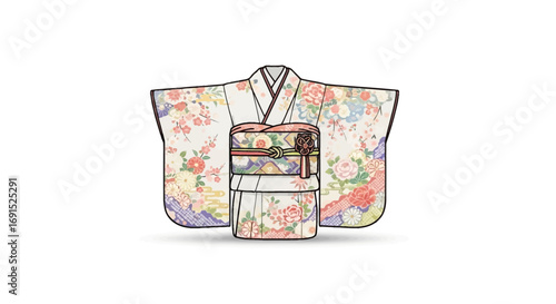 Vector illustration of an elegant Japanese kimono with a vibrant floral pattern and decorative obi, representing traditional formal wear