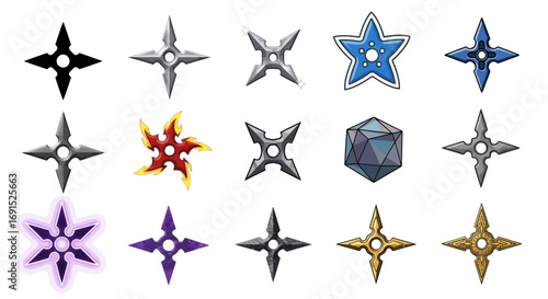 A diverse illustrated collection of shuriken and throwing stars, featuring various fantasy and traditional ninja weapon designs for assets or icons