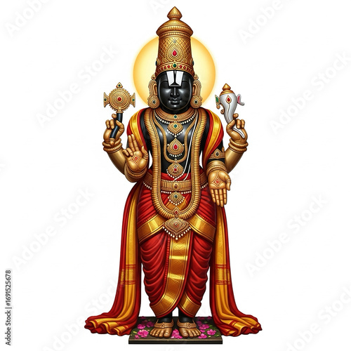 Lord Venkateswara Balaji standing pose with crown on white background