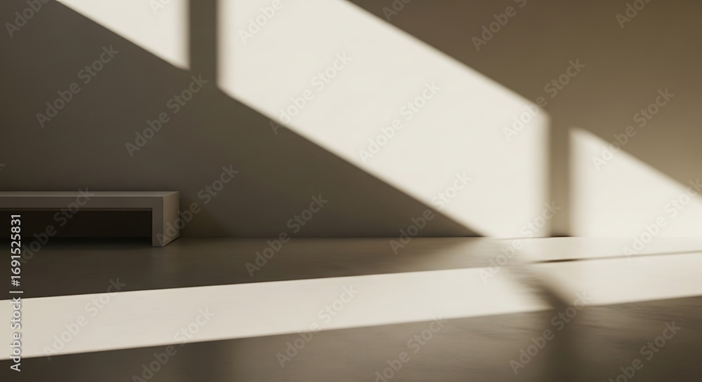 Fototapeta premium Abstract minimalist interior with harsh sunlight and deep shadows on the wall