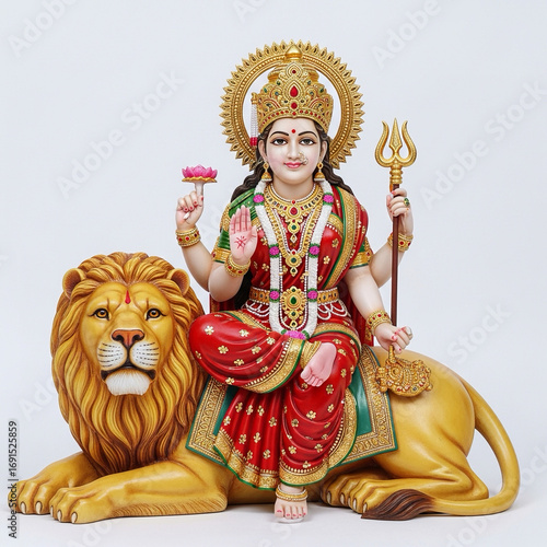 Mata Vaishno Devi sitting with lion on plain white background