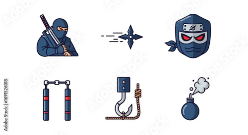 Creative flat line icon collection of a ninja warrior and traditional Japanese stealth weapons