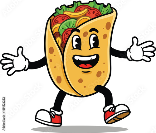 Joyful Cartoon Burrito Character Running with Filling Visible.
