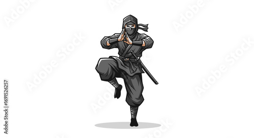 Illustration of a Japanese ninja warrior in a black suit with a katana, posing in a dynamic martial arts stance. Vector character design for a mascot or logo