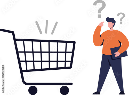 Pensive Man Contemplating Empty Shopping Cart and Questions.