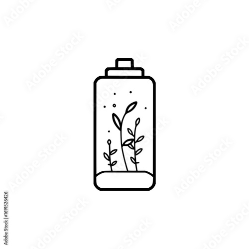 A simple line drawing of a vase with flowers and leaves in black and white minimalist design style art