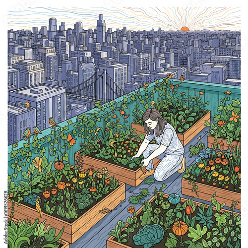 A woman tends to her lush urban rooftop garden with raised beds overlooking a vast city skyline at sunrise.