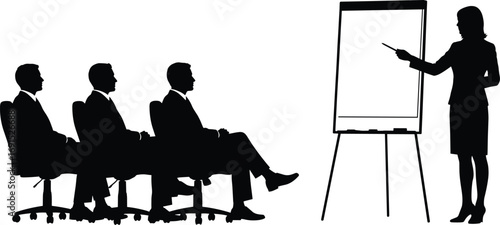 Business presentation silhouette, woman presenting on board, corporate training session, office meeting scene, team discussion, professional speaker, workplace communication, seminar illustration