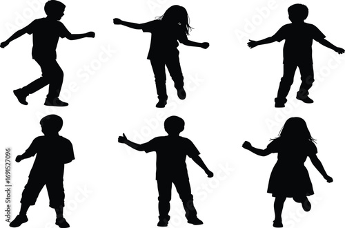 Silhouette kids playing, children dancing illustration, happy active boys and girls, childhood fun vector, playful movement, energetic children, outdoor activity concept, isolated graphic