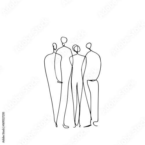 Line drawing of four figures standing together in a minimalist style on a white background looking forward