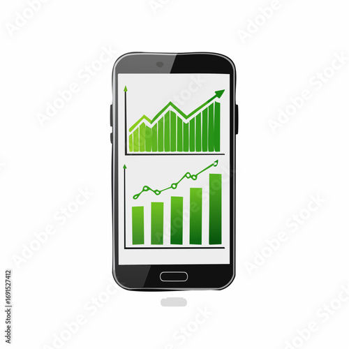 Smartphone displays green financial growth charts, indicating positive market trends and investment success on a white backdrop, symbolizing prosperity.