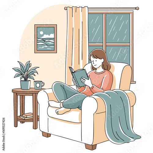 A young woman reading a book in a cozy armchair on a rainy day.