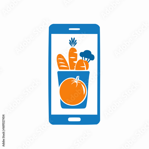Smartphone displays fresh produce in a digital grocery store, representing online shopping and healthy eating with vibrant colors and a modern feel.