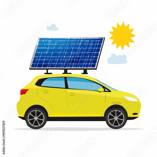 Yellow electric car parks with solar panel on top, absorbing sunlight to recharge battery on bright sunny day, promoting sustainability.