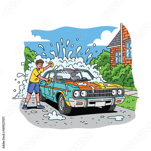 Cartoon illustration of a young boy washing a soapy vintage muscle car in the driveway on a sunny day.
