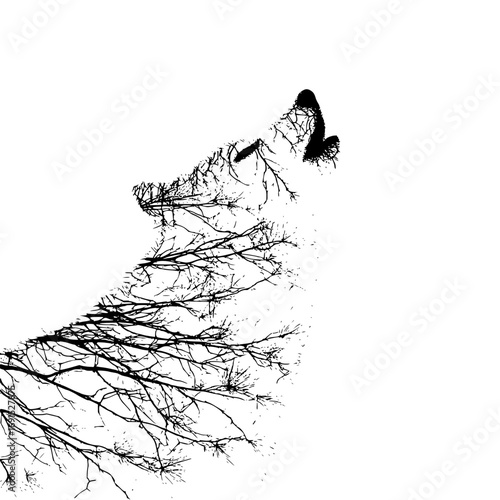 Silhouette of a howling wolf formed from bare tree branches against a stark white background image art