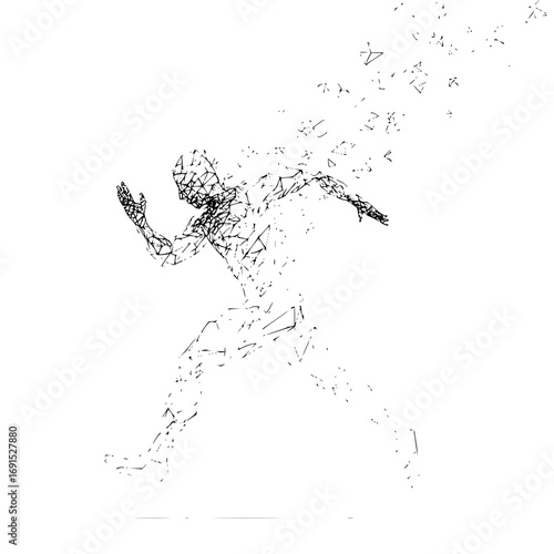 Abstract geometric figure in motion disintegrating into fragments on a white background design art