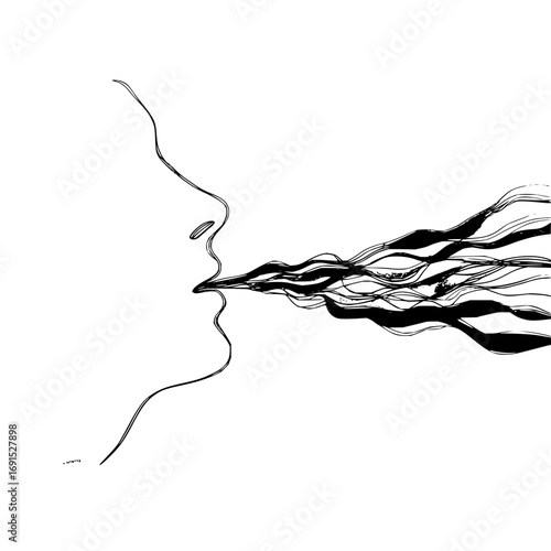 Minimalist illustration of a profile with lines emanating from the mouth in black and white style