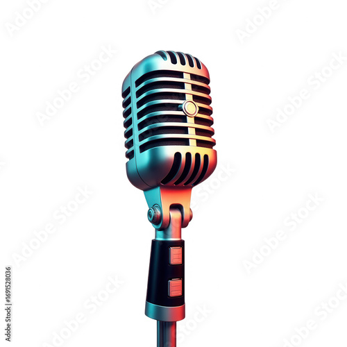 A vintage microphone, beautifully rendered, highlighted by vibrant color gradients on a black backdrop.