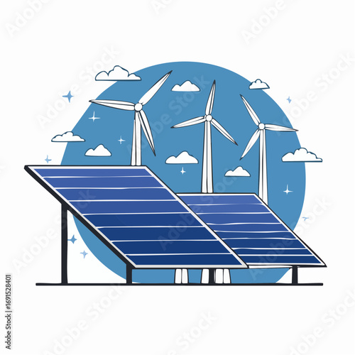 Solar panels and wind turbines generate clean energy against a blue sky, promoting sustainable living and environmental awareness for a greener future.