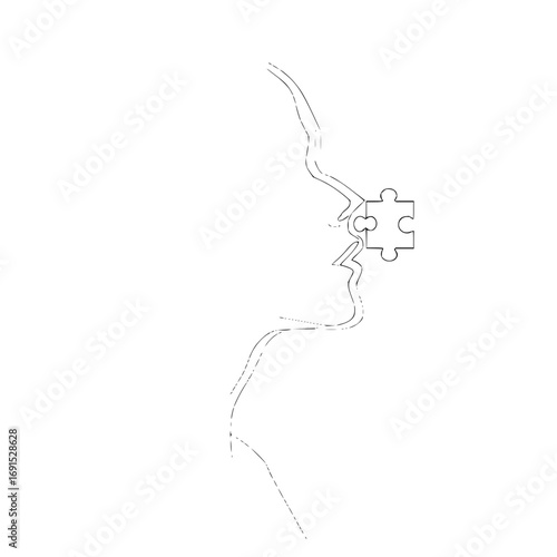 Outline of a face in profile with a jigsaw puzzle piece covering the mouth in a minimalist style drawing
