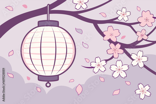 A stylized Japanese lantern hangs amidst cherry blossom petals on a purple patterned backdrop