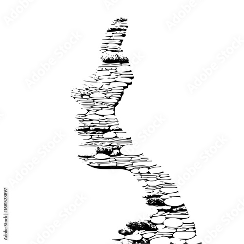 An abstract monochrome illustration of a winding path made of irregular stones and pebbles design element