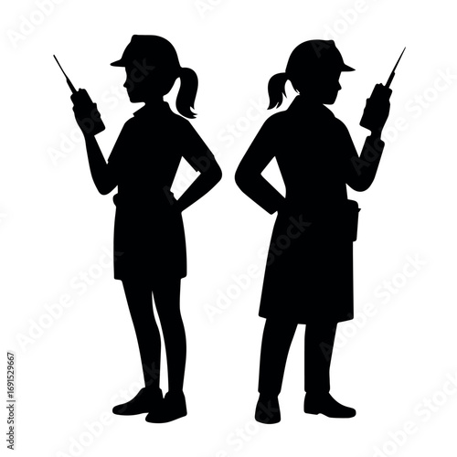 Silhouette of female security guards with radio vector illustration for security services and safety concepts