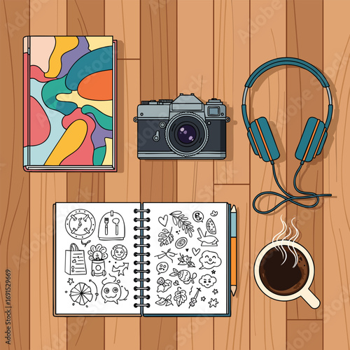 Creative workspace flat lay with a vintage camera doodle sketchbook headphones and coffee on a wooden desk.