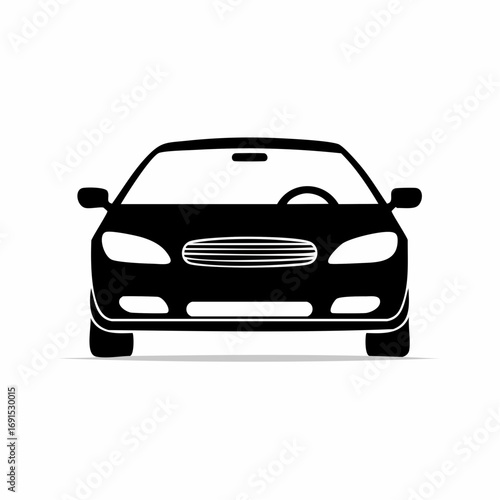 Black car facing forward on white surface showcasing automobile front view in simple, minimalist style.