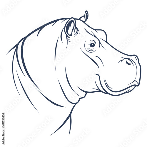 Detailed monochrome illustration of a hippopotamus head profile.