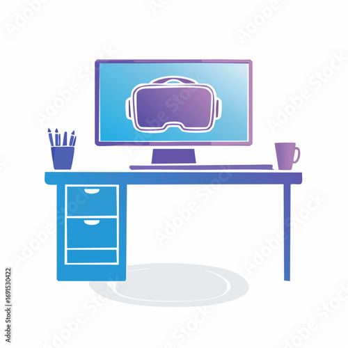 Computer displays virtual reality headset on desk in modern office, showcasing technology and innovation with a clean, minimalist aesthetic.