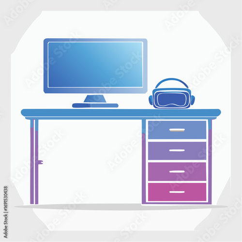 Computer and vr headset sit on desk in modern office, showcasing technology and innovation with clean, minimalist aesthetic.